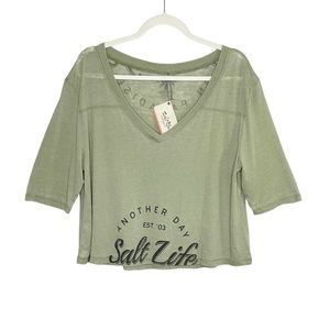 Salt Life Another Day In Paradise Burnout Boxy T-Shirt V-Neck Green NWT